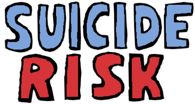 The text 'suicide risk' in bold capital letters with black outlines. the word 'suicidal' is blue, and the word 'risk' is red.